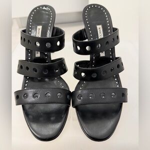 Manolo Blahnik Leather Lasercut Accents Heeled Black Sandals